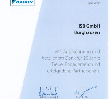 Urkunde 20 Jahre Fachpartnerschaft 360x320