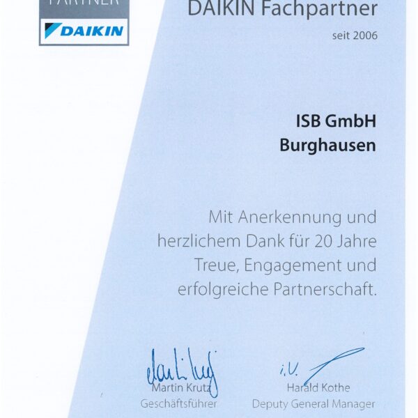 Urkunde 20 Jahre Fachpartnerschaft