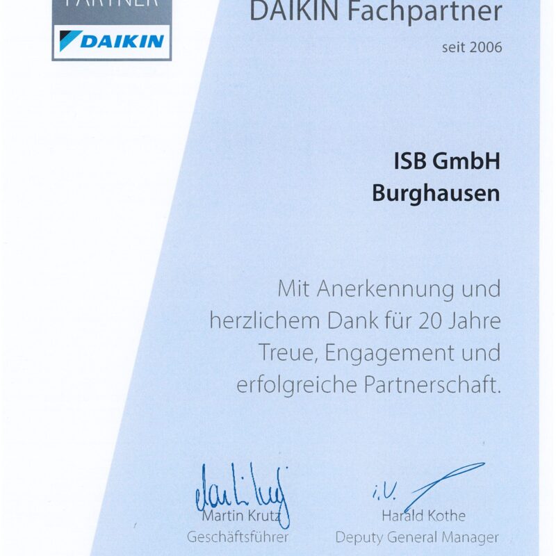 Urkunde 20 Jahre Fachpartnerschaft