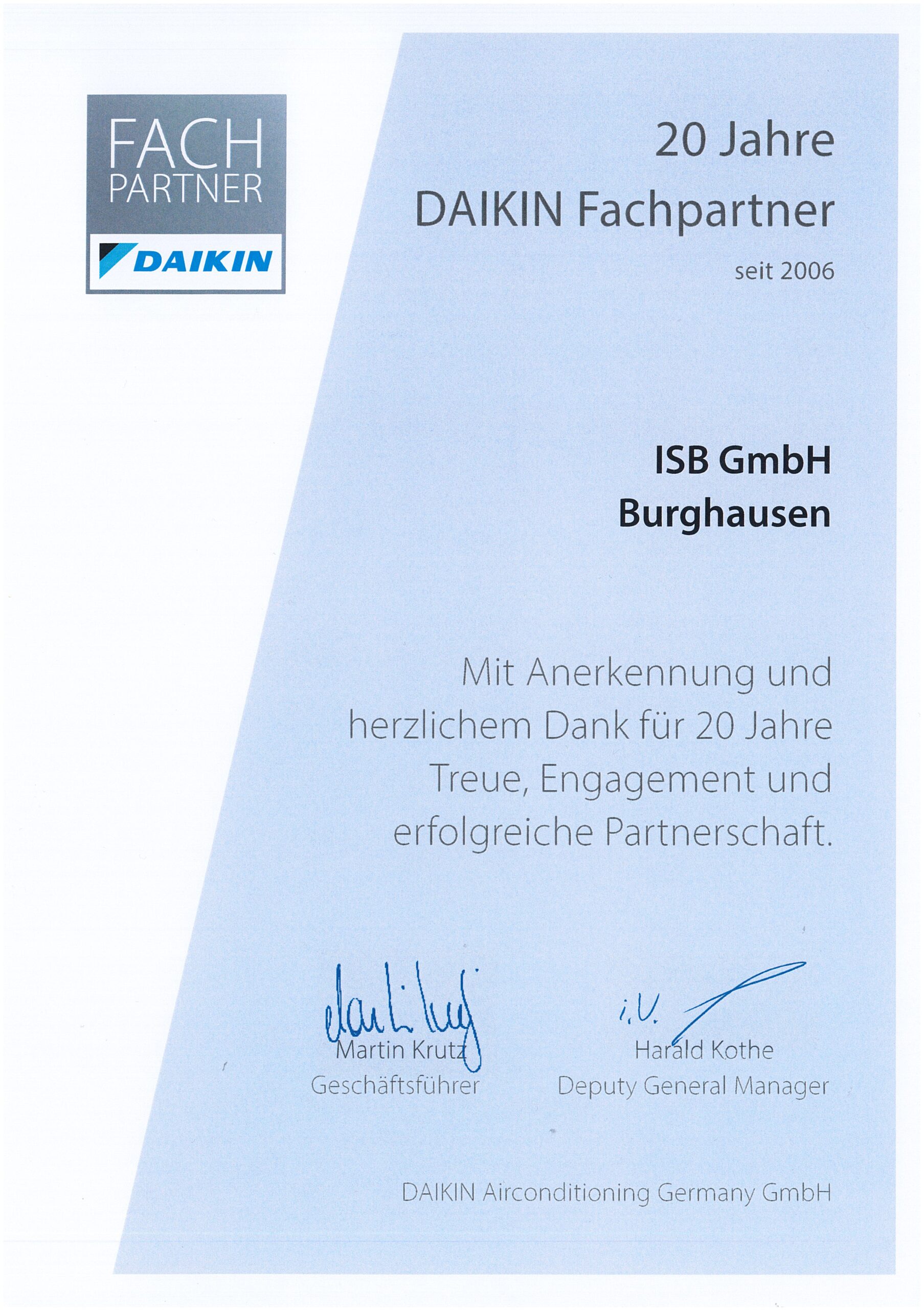 Urkunde 20 Jahre Fachpartnerschaft scaled